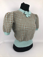 Load image into Gallery viewer, Reproduction 1940s Waffle Stripe Jumper Knitted from a Wartime Pattern in Duck Egg and Mocha - B 37 38 39 40 41
