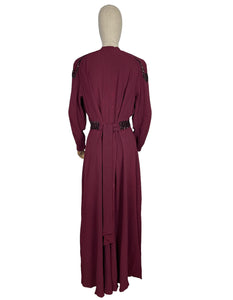 Original 1940's Burgundy Satin Backed Crepe Sequined Evening Dress with Tie Belt by Crompton Perry - Bust 38 40 42