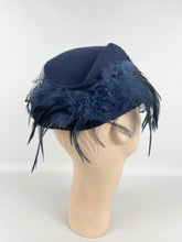 Load image into Gallery viewer, Original 1930s Navy Blue Felt Hat with Feather Trim and Neat Net Detail
