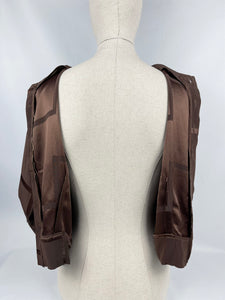 Original 1930s Brown Satin Backed Crepe Cropped Blouse with Bow Trim - Bust 36 37 38