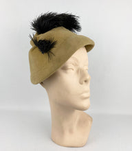 Load image into Gallery viewer, Original 1930s Taupe Felt &quot;Fez&quot; Hat with Black Ostrich Feather Trim
