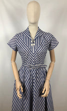Load image into Gallery viewer, 1940s 1950s Navy and White Stripe Dress By Norman Hartnell for Berkertex - Bust 36 38
