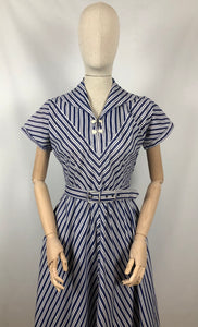 1940s 1950s Navy and White Stripe Dress By Norman Hartnell for Berkertex - Bust 36 38
