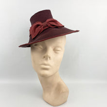 Load image into Gallery viewer, Original Late 1930s Burgundy Straw Hat with Large Grosgrain Bow Trim
