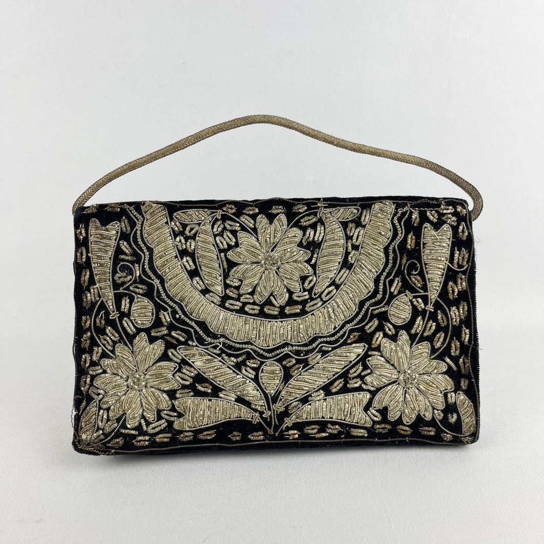 Vintage Black Velvet Evening Bag with Metallic Gold Embroidery