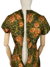 Load image into Gallery viewer, Original 1950&#39;s Fine Silk Dress in Green and Brown Autumnal Print - Stylish Piece - Bust 35 36
