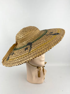 Original 1930s 1940s Painted Straw Hat with Grosgrain Trim - AS IS