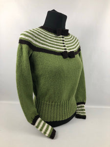Reproduction 1930s Hand Knitted Jumper in Soft Green with Brown and Cream Stripes B 35" 36" 37"