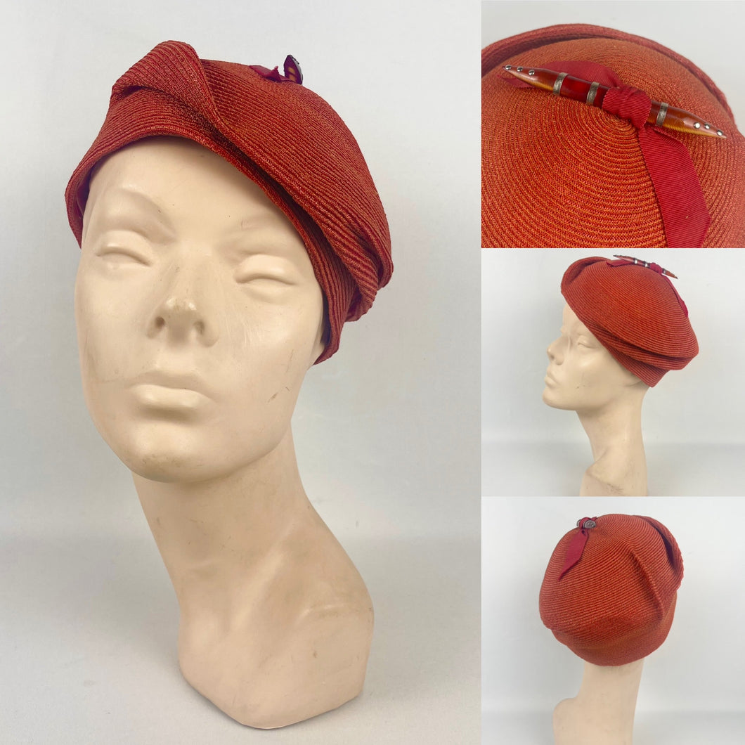 Outstanding Original 1930s Orange Hat with Early Plastic and Metal Trim