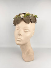 Load image into Gallery viewer, Original 1950&#39;s Petal Hat in Brown with Cream Flowers and Velvet Bow Trim
