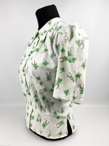 1940s Reproduction Novelty Print Feed Sack Blouse of Clover and Lucky Horseshoes - B34