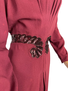 Original 1940's Burgundy Satin Backed Crepe Sequined Evening Dress with Tie Belt by Crompton Perry - Bust 38 40 42