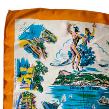 Load image into Gallery viewer, Vintage Artificial Silk Scarf with Monkeys, Planes and Boats in a Orange Border - Gibraltor Tourist Piece - Great Turban or Headscarf
