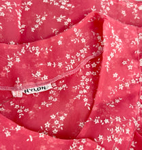 Load image into Gallery viewer, Original 1950&#39;s Pink Nylon Blouse with Floral Flock Print and Faux Pearl Glass Buttons - Bust 36 38
