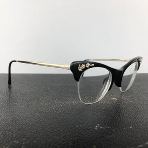 Original 1950s 1960s Black and Gold Glasses with Floral Detail on the Frame
