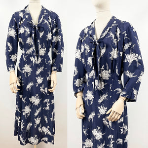 Original 1930s Navy and White Silk Volup Floral Print Dress with Bow Tie Neck - Bust 40 42
