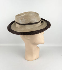 Original 1930s Two-Tone Brown Lacquered Straw Hat with Grosgrain Trim