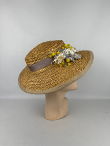 Original 1930's Wide Brimmed Natural Straw Hat with Cluster of Fabric Flowers