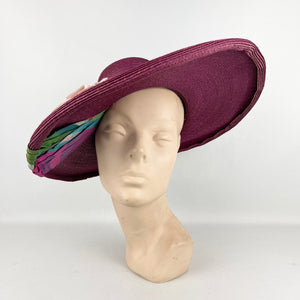 Incredible Original 1940's Oversized Pink Straw Summer Hat with Stripe Band And Flower Trim