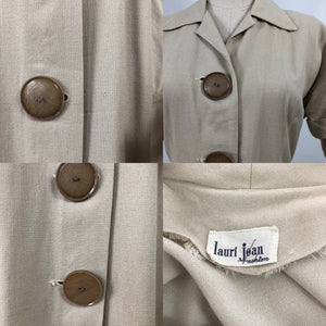 Original 1940s Natural Linen Summer Dress with Statement Buttons - Classic Piece - Bust 36 38