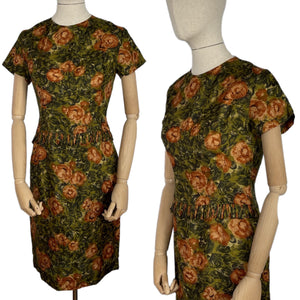 Original 1950's Fine Silk Dress in Green and Brown Autumnal Print - Stylish Piece - Bust 35 36