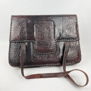 Original 1930's 1940's Beautiful Embossed Brown Leather Handbag