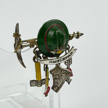 Load image into Gallery viewer, 1940s Painted Metal Austrian Tourist Brooch with Hat, Walking Canes, Boot, Pickaxe and Arrow with a Love Heart
