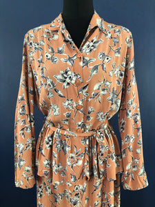 Original 1940s Peach Crepe Floral Dress with Grey and White Print - Bust 38 40 42 - Volup