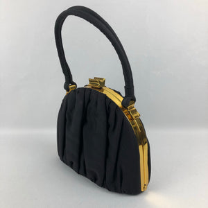 1940s Black Grosgrain Bag with Gold Frame and Matching Purse - Made by Ingber
