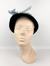 Load image into Gallery viewer, 1930s Black Velvet Hat with Ice Blue Feather Trim and Bow
