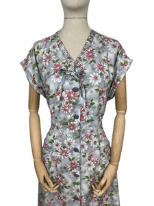 Original Volup 1950's Kenrose Grey Cotton Dress with Pink and White Floral - Bust 40 42 *