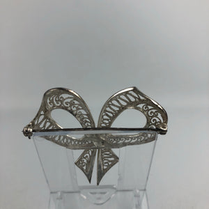Vintage Sterling Silver Filigree Bow Brooch Set with Cut Steel