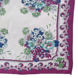 Original 1940's or 1950's Beautiful Floral Silk Crepe Hankie in Magenta, Turquoise, Blue and Green on White - Great Gift Idea