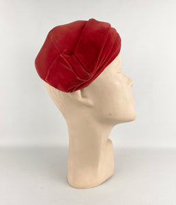 Original 1950s Libye Diamond Red Velvet Hat with Beaded Leaf Applique *