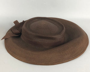 1940s 1950s Chocolate Brown Straw Hat with Grosgrain Bow