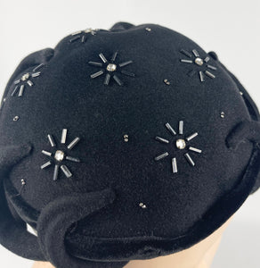 Original 1950s Black Felt Beaded Hat with Paste Decoration