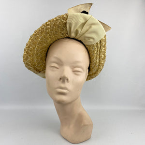 Original 1930s Natural Straw Hat with Cream and Black Trim
