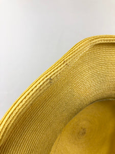 Original 1940s or 1950s Yellow Straw Hat with Wavy Brim and White and Green Floral Trim