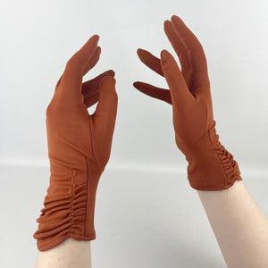 RESERVED Vintage Rich Rust Ruched Nylon Gloves - Great Vintage Accessory
