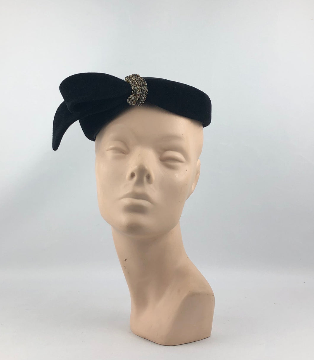 Late 1940s or Early 1950s Black Cocktail Hat with Paste Trim