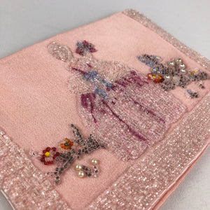 1930s peach Satin Beaded Clutch with Crinoline Lady Design and Tiny Coin Purse