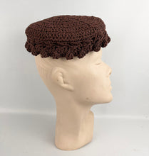 Load image into Gallery viewer, Original 1950’s Rich Chocolate Brown Crochet Topper Hat - Classic Vintage Hat
