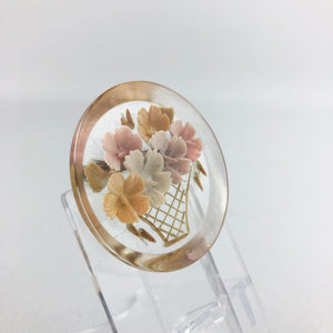 Original 1940s Reverse Carved Circular Lucite Brooch with a Basket of Flowers *