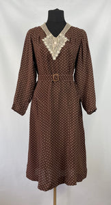 Original 1930s Brown and Cream Crepe Belted Polka Dot Dress with Lace and Chiffon Collar - Bust 34 35