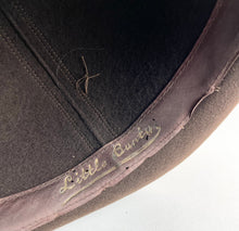 Load image into Gallery viewer, Original 1930&#39;s Little Bunty Chocolate Brown Felt Hat with Feather and Grosgrain Trim
