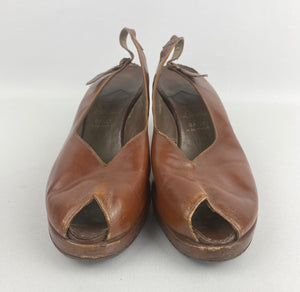 Original 1940s Chestnut Leather Peep Toe Sling Back Shoes by Dolcis - Uk Size 6
