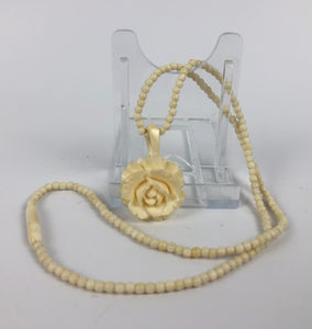 1930s 1940s Carved Bovine Bone Rose Pendant and Necklace - 16" long