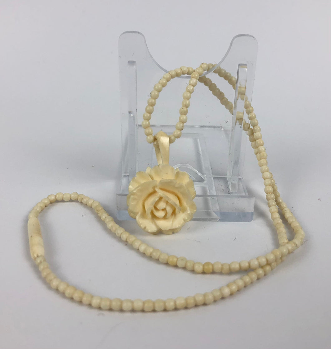 1930s 1940s Carved Bovine Bone Rose Pendant and Necklace - 16