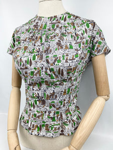 1940's Reproduction Button Back Fine Cotton Blouse in Egyptian Print - Bust 34 36