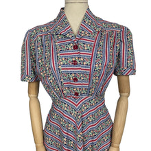 Load image into Gallery viewer, Original 1940&#39;s Floral Stripe Cotton Day Dress with Chevron Skirt - Bust 38 *
